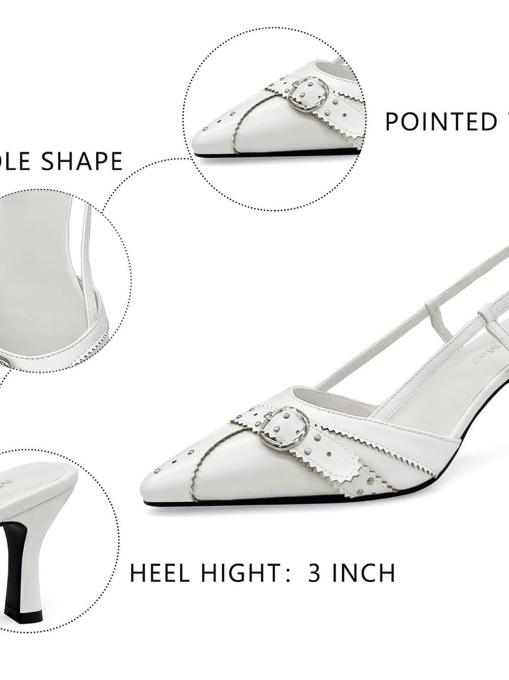 White Slingback Pointed Toe Heels with Buckle - Picture 5 of 5